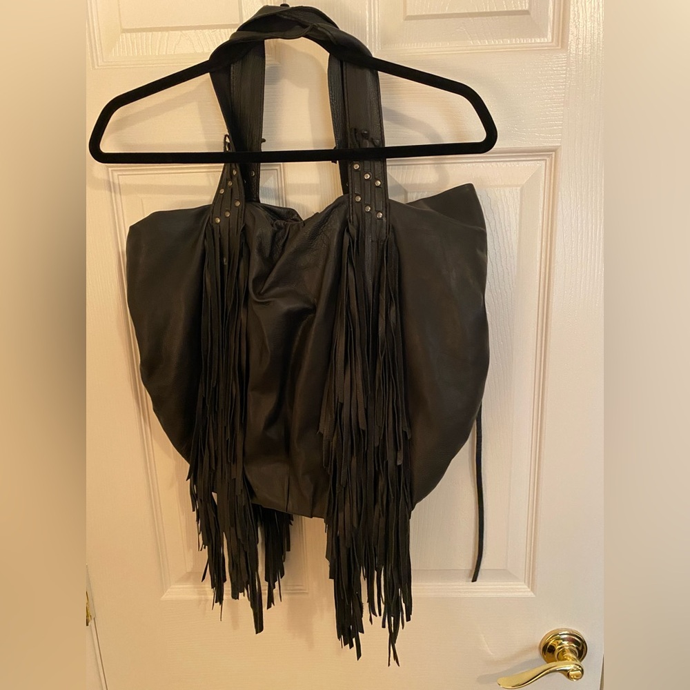 Allsaints Black Leather Fringe Tote Bag Purse